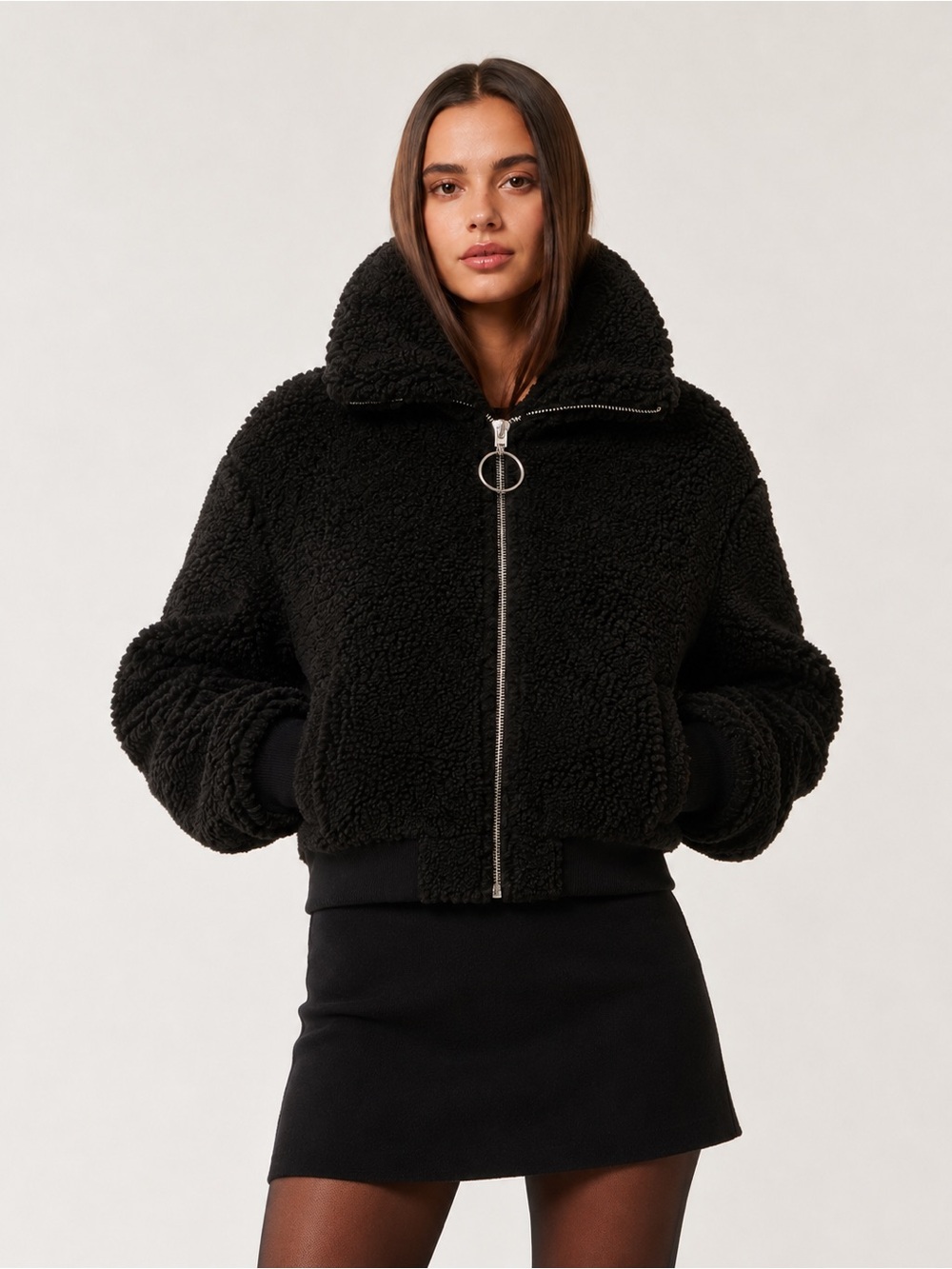 Black Sherpa Teddy Zip Jacket Cropped Cozy Plush Coat M